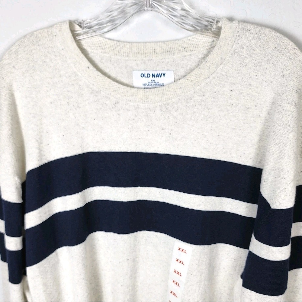 Old Navy Crew Neck Sweater Mens Beige Navy Chest Stripe Casual Lightweight NEW